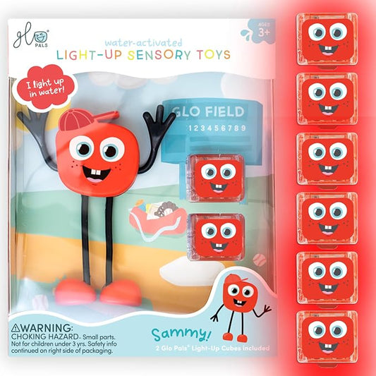 Glo Pals Water-Activated Light-Up Sensory Bath Toy Character and 6 Cubes for Bathtime and Sensory Play, Sammy, Glows Red