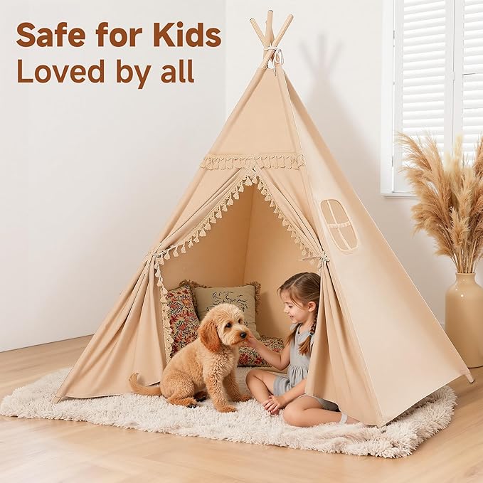 Sumbababy Kids Teepee Tent Indoor, Washable Cotton Canvas Play Tent with Tassel Trim, Foldable Toddler Tent for Girls & Boys Sleepover Party, Gift Set with Star Lights, Banner & Carry Bag, Khaki