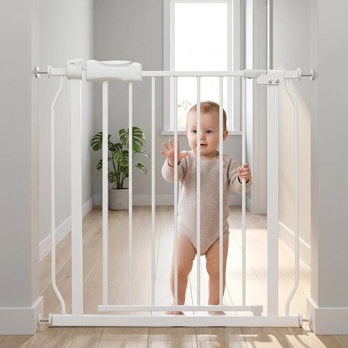 Narrow Baby Gate for Narrow Doorways Small White Tension Indoor Safety Gates Auto Close Walk Through Metal Dog Gate for The House Doorways Stairs (29.13"-33.86"/74-86CM, White)