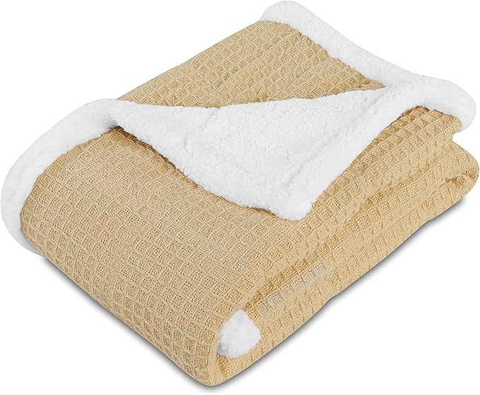 Luxurious Cotton Unisex Baby Boy Girl Blanket Waffle Weave with Sherpa Backing Soft Cozy 30''x40'' Receiving Crib Stroller Nap Blanket (Beige)