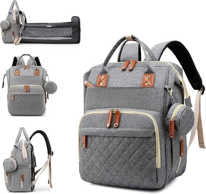 Diaper Bag with Changing Station, Waterproof 3 in 1 Baby Diaper Backpack with Foldable Changing Pad, Large Travel Back Pack for Baby Girl Boy, Grey