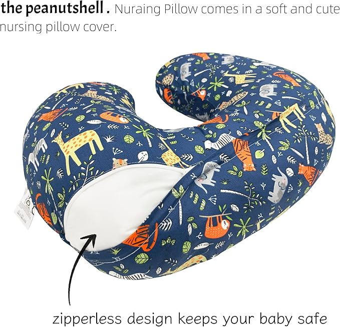 LAT Nursing Pillow for Breastfeeding,100% Cotton Removable Cover,Ergonomic Breast Feeding Pillows for Mom and Baby,Machine Washable(Blue Zoo)