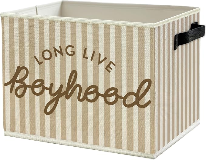 Long Live Boyhood Boys Storage Bins Box with Handles, Beige Stripe Collapsible Basket Organizer for Kids Teen Boy Nursery Room Bedroom Bathroom Playroom Toys Books Clothes