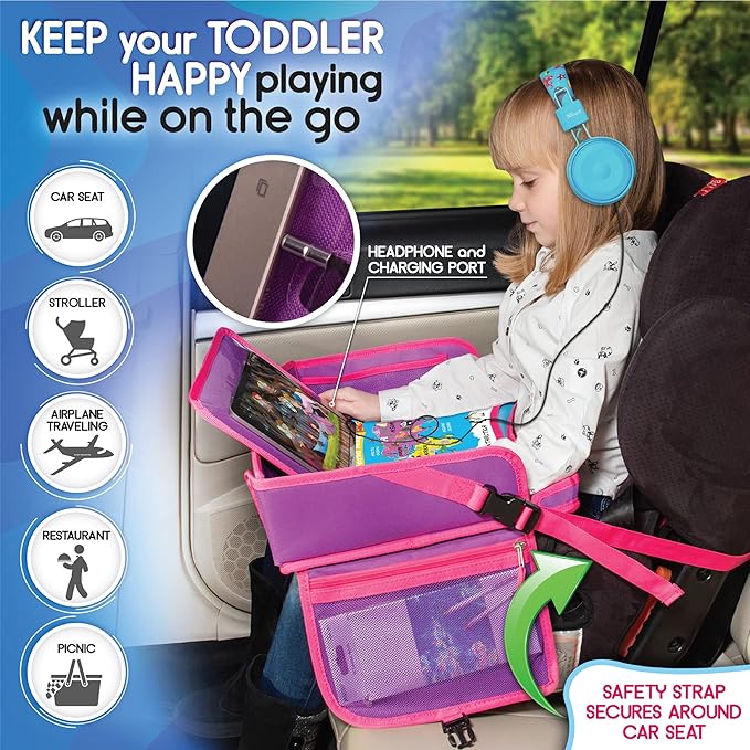Kids Travel Tray - Waterproof Lap Table with No-Drop Large Tablet Holder - Car Seat Tray - Road Trip Essentials Kids - Car Desk Organizer for Airplane - Toddler Travel Essentials (Pink)