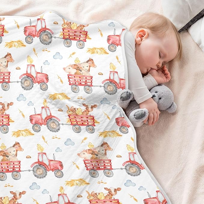 Ollabaky Animals Red Tractor Baby Blanket for Boys Girls Cotton Throw Blanket Swaddle Blanket for Crib Stroller Nursery Receiving Blanket Infant Toddler Unisex 30"x40"