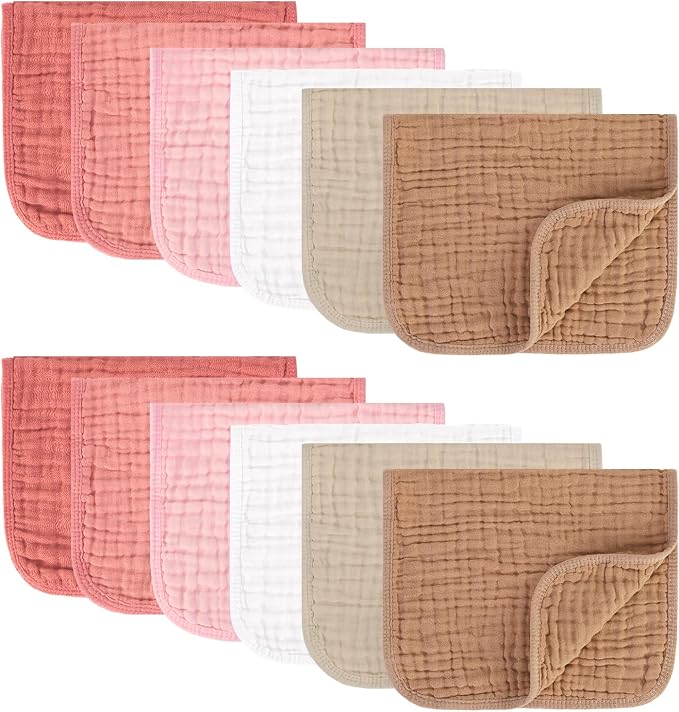 MIGIOL Muslin Burp Cloths 100% Cotton Pack of 12. Soft, Gentle & Absorbent Baby Burp Cloths for Baby Girl & Boys.(Pink & Coffee 12 Pieces)