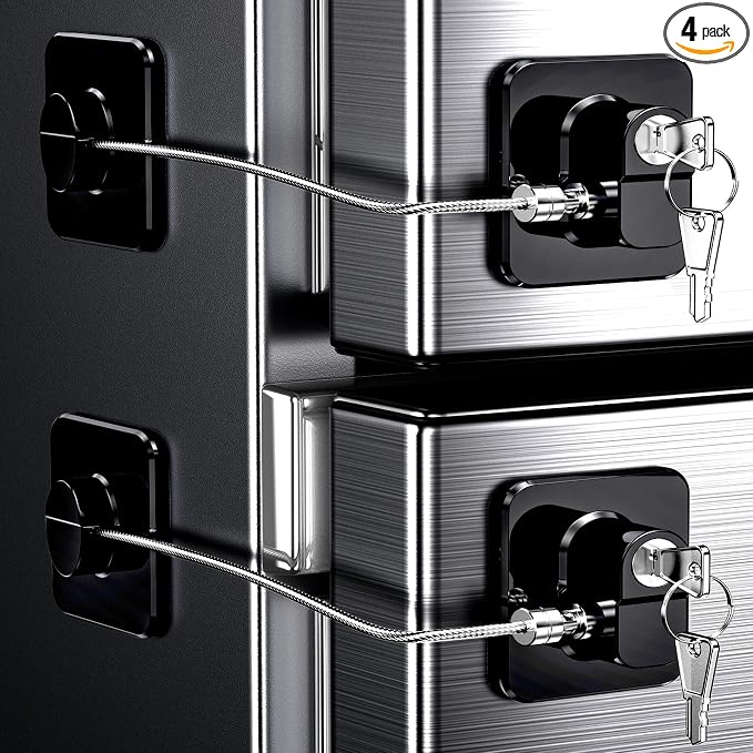 4 Pack Refrigerator Locks with Keys for Kids, Toddlers and Adults, Self Adhesive Child & Baby Proofing Fridge Latch for Double Door, French Door, Cabinets and Drawers, Oven, Windows (Patent)