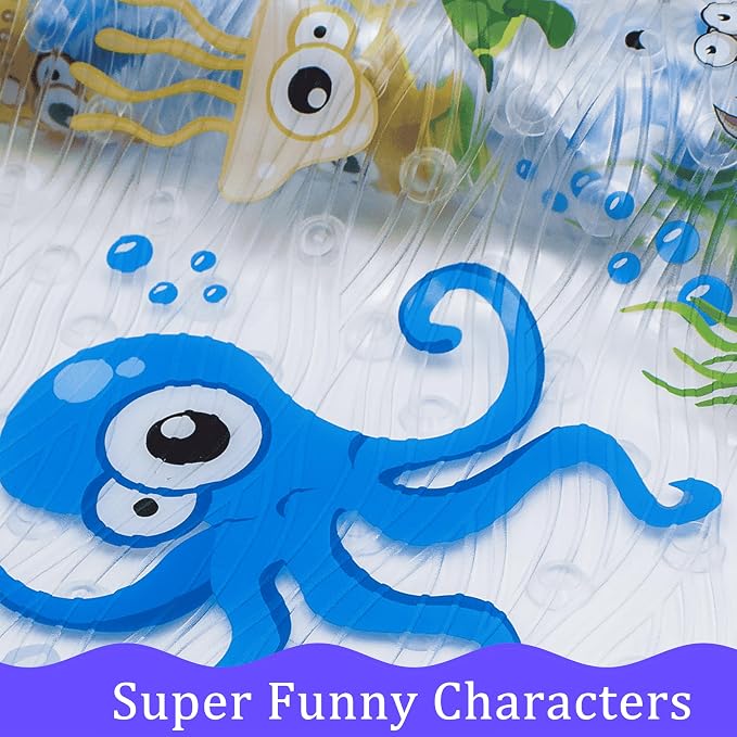 Cute Cartoon Non-Slip Bath Mat for Tub - Anti-Slip Kids Bathtub Mat, Slip-Resistant Shower Mat for Bathroom Safety, 35 X 15.3 Inch, Easy to Clean (Blue Ocean)