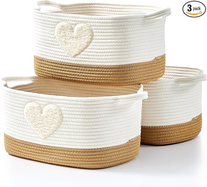Woven Baskets, 3-Pack Storage Basket for Living Room, Bedroom, Nursery, Stylish Gift Basket with Handles, Cotton Rope Basket for Toys and Shelves, Multi-Purpose Organizer, Heart