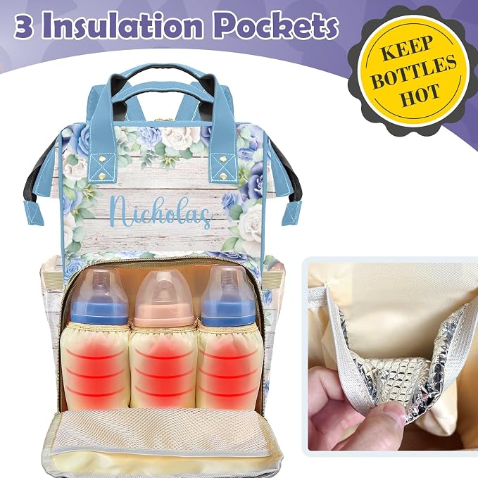 Cute Elephant Large Personalized Diaper Bag Backpack for Baby Boy with Name, Thermal Pockets, Waterproof Custom Baby Bags for Boys, Multi-functional Customized Nappy Bag Mom Travel Daypack