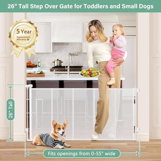 Reinforced 26 Inch Tall Retractable Baby Gates to Step Over 55" Wide Small Outdoor Retractable Child Gates for Doorways Short Retractable Dog Gates for Baby Indoor Retractable Stairs Gate for Kids
