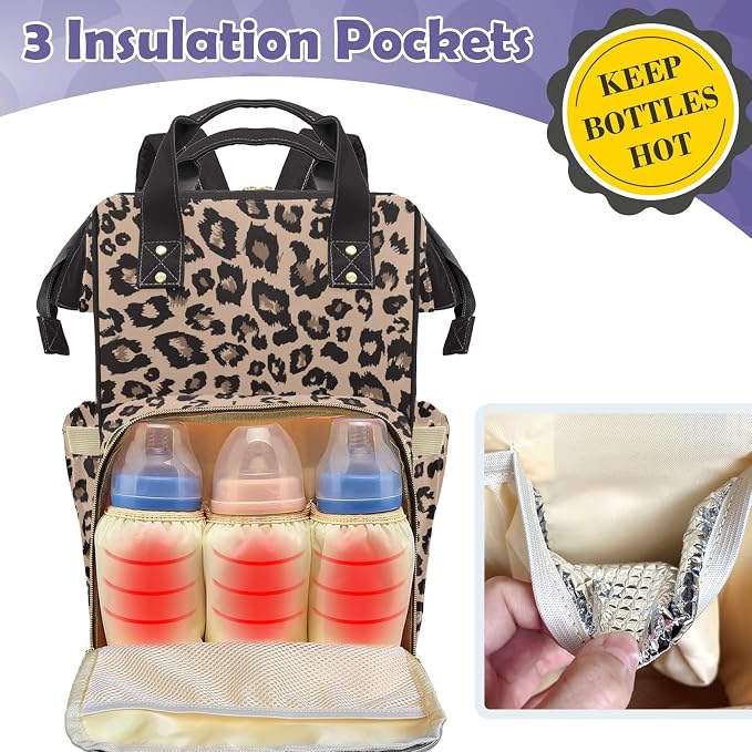 Custom Diaper Backpack, Large Capacity Baby Changing Backpack with Insulated Pocket, Multifuction Mommy Bag for Girl, Coffee Leopard