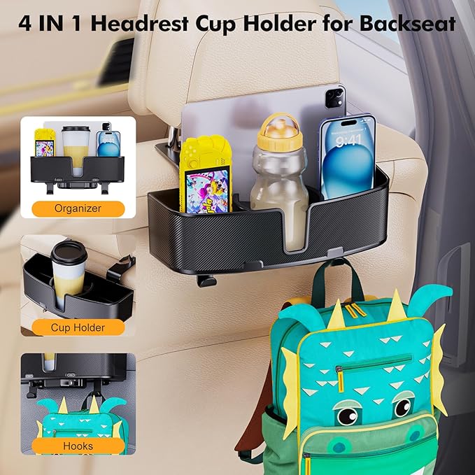 MAGJIEYX Car Headrest Cup Holder for Back Seat Organizer for Multi-Hanging Snack Storage Box with Strong Hooks for Kids and Backseat Passengers Share Rid for Travel Accessories（2-Pack）