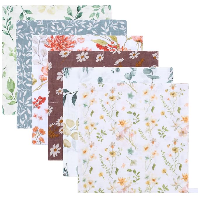 LifeTree Baby Muslin Washcloths, Soft 6 Pack Baby Wash Cloths Unisex for Boys Girls, 70% Viscose from Bamboo and 30% Cotton Bath Face Towels, Bibs for Newborn with Sensitive Skin, 10.6x10.6 inches