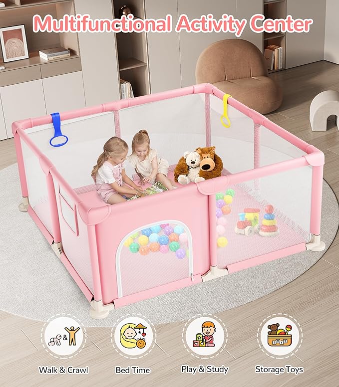 Dripex Baby Playpen, 50"x50" Small Playpen for Babies, Enhanced Safety Baby Play Yard for Indoor & Outdoor, Infant Play Pen with Soft Breathable Visible Mesh, Anti-Fall Design & Easy Setup, Pink