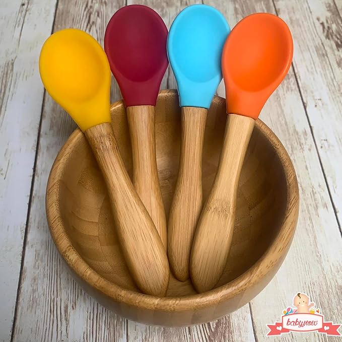 Bamboo Baby Spoons 4 PACK - Toddler Weaning Spoon - Bamboo Handle Silicone Soft Tip Spoon 5.5??Toddlers Weaning Baby Food Utensil - Mom Baby Travel Spoonset