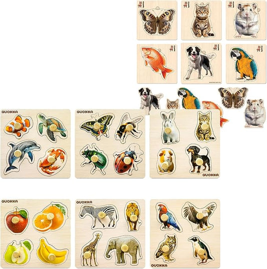 QUOKKA Wooden Puzzles for Toddlers 1-3 - Animal and Birds Learning Toy for Kids - Birds, Animals, Fish, Buttefly Montessory Toys