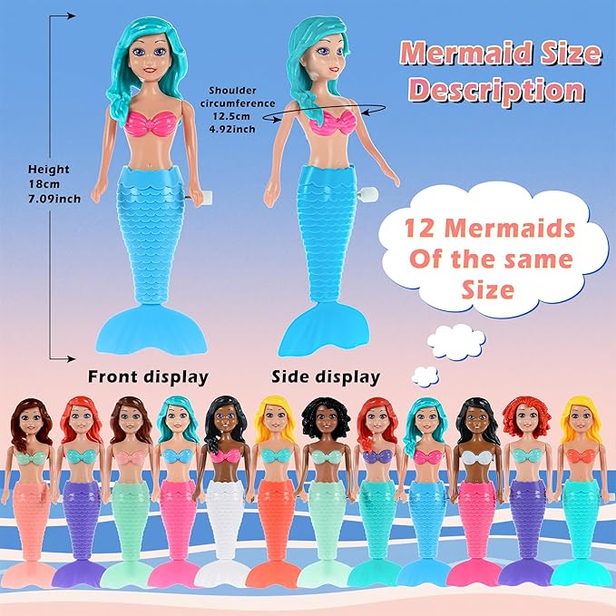 dollbie 12-Pack Wind-Up Mermaid Bath Toys for Kids -Toddler Bath Toys for Kids Moving Tail Priness Doll Diverse Hair Colors & Styles Mermaids, Swimming Pool Party Favors