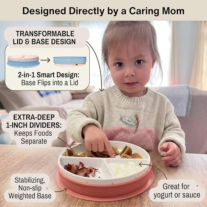 Divided Ceramic Toddler Plate With Silicone Lid And Non-Slip Base, Non-Toxic Porcelain Dish For Babies And Kids, Microwave And Dishwasher Safe, 8 Inch, animal design, Sky Mist