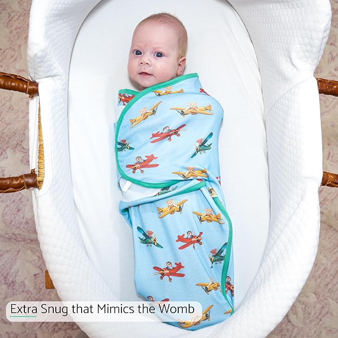 LollyBanks Swaddle Sack 0-3 Months, 100% Organic Cotton Baby Swaddle with Easy Change Zipper, Soft and Breathable Newborn Sleep Sack for Boys, Gentle Baby Wrap, Newborn Essentials (Plane Bear Print)