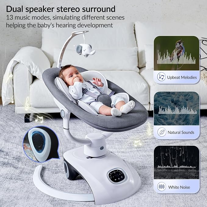 VaVaSoo Baby Swing for Infants Mamroo Electric Automatic Multi Motion Newborn for Girl & Boy with Remote Control, 5 Speed, 13 Melodies, Light Gray (Gary)