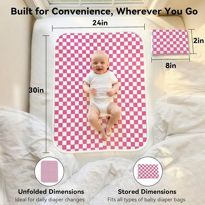 Baby Diaper Changing Mat, Waterproof, Absorbent, Soft Cotton Surface with EVA Backing, 30x24in Unfolded, Compact 8x2in with Storage Strap, Wipeable Diaper Changing Pad for Travel, Baby Gift