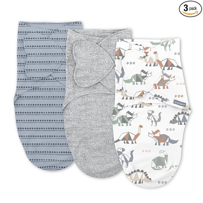 SwaddleMe by Ingenuity Monogram Collection Baby Swaddle, 100% Cotton, Improves Sleep & Calms Startle Reflex, 0-3 Months, Pocket Fold Design for Easy Changes, 1.0 TOG, 3-Pack - Dino Mite