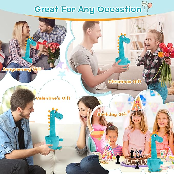 Dancing Talking Giraffe Toy, Stuffed Animal Baby Toy Repeating What You Say, Glowing Musical Giraffe Gifts for Toddlers 1-3 Years Old, for Kids (Dancing Dinosaur)