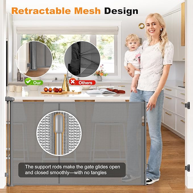Reinforced Retractable Pet Gate 70” Wide Retractable Baby Gate | with Support Rods to Prevent Bottom Escape, 33” Tall Child Safety Gates for Stairs, Doorways, Hallways, Decks, Indoor/Outdoor