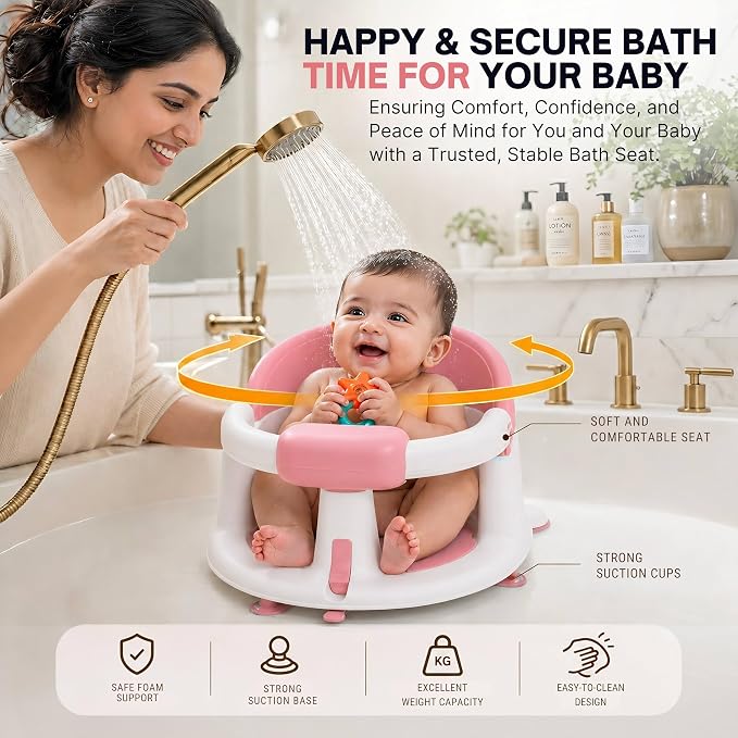 PMV Baby Bath Seat for Sitting Babies, Non-Slip Baby Bath Chair with 3 Suction Cups, Safe & Comfortable Toddler Bath Support Seat for Bath/Shower Use, Stable Design, Gray (6–24 Months) (Pink)