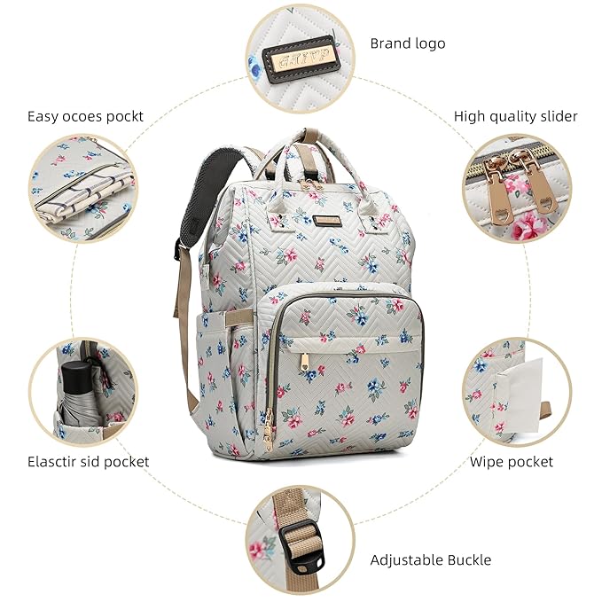 Diaper Bag Backpack, Diaper Bags for Baby Girls Boys, Baby Bags for Moms Dads, Nappy Changing Bag with Insulated Pockets,Multi-functional Waterproof Backpack with Stroller straps-Beige Flowers