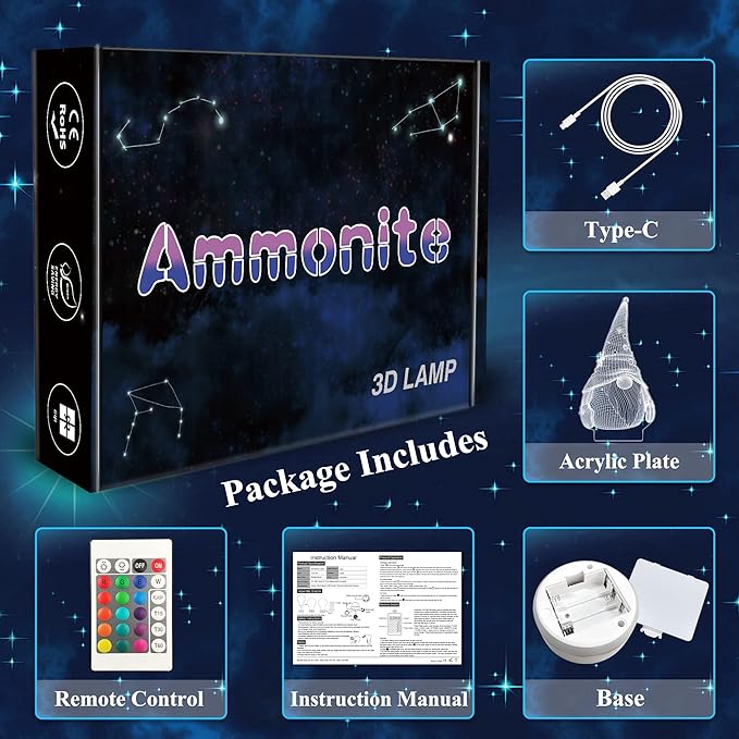 Ammonite Gnome Gifts, Gnome Night Light 3D Optical USB LED Lamp with Remote Touch 16 Color Flashing Changing Timer Stuff Decorations St Patricks Day Mothers Day Christmas Gifts
