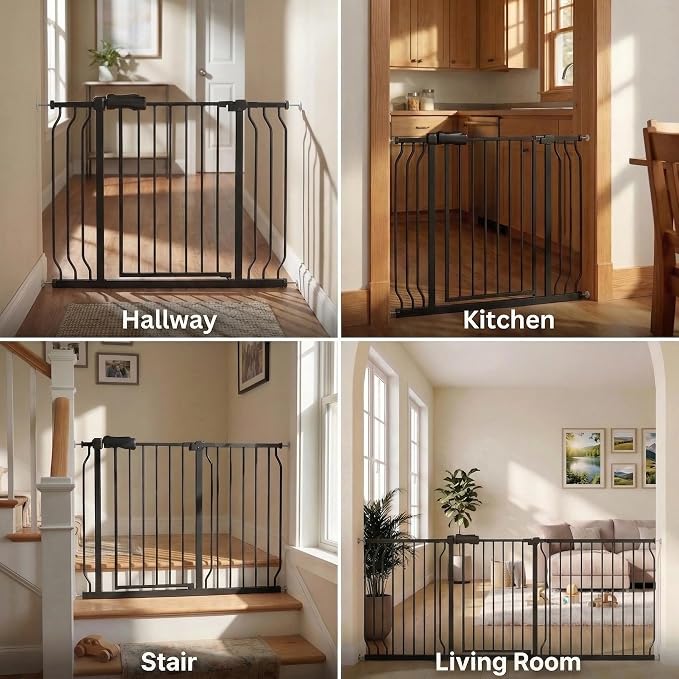 Extra Wide Baby Gate 53-57.5" Walk-Through Dog Gate for Stairs, Doorways & Hallways, 30" Tall, Auto-Close & Dual-Swing Safety Child Gate Indoor, Easy Install Pressure-Mounted Pet Gate, Black