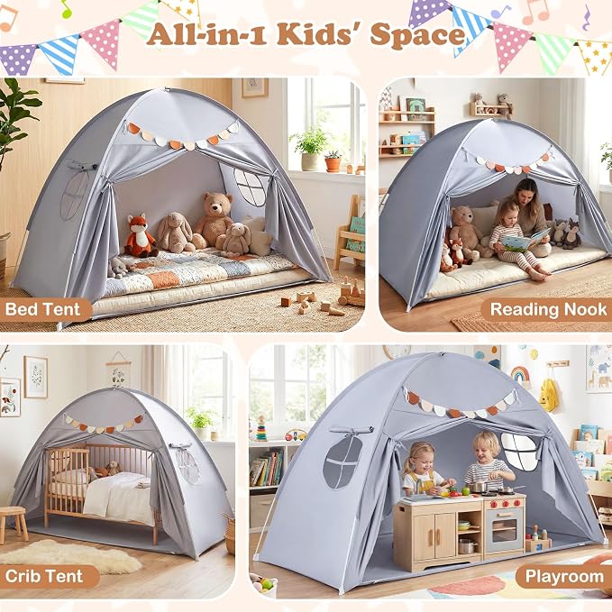 Costzon Toddler Bed Tent, Twin Size Indoor Canopy Tent for Kids w/ 2 Windows, Flag Banner, Brushed Fabric Privacy Playhouse, Portable Play Tent for Bunk Bed, Playroom, Suits 3+ Boys & Girls (Grey)