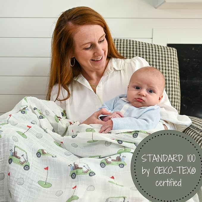 LollyBanks Swaddle Blanket 100% Cotton, 2 Pack Muslin Swaddle Blankets, 47 x 47 inches Baby Swaddles for Boys and Girls, Lightweight Baby Blanket, Registry (Golf Print)