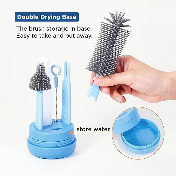 YOTIME Baby Bottle Brush, Travel Bottle Cleaner Kit with Extendable Silicone Bottle Brush, Nipple Cleaner Brush, Straw Brush, Soap Dispenser, Dust Cap and Stand, Blue