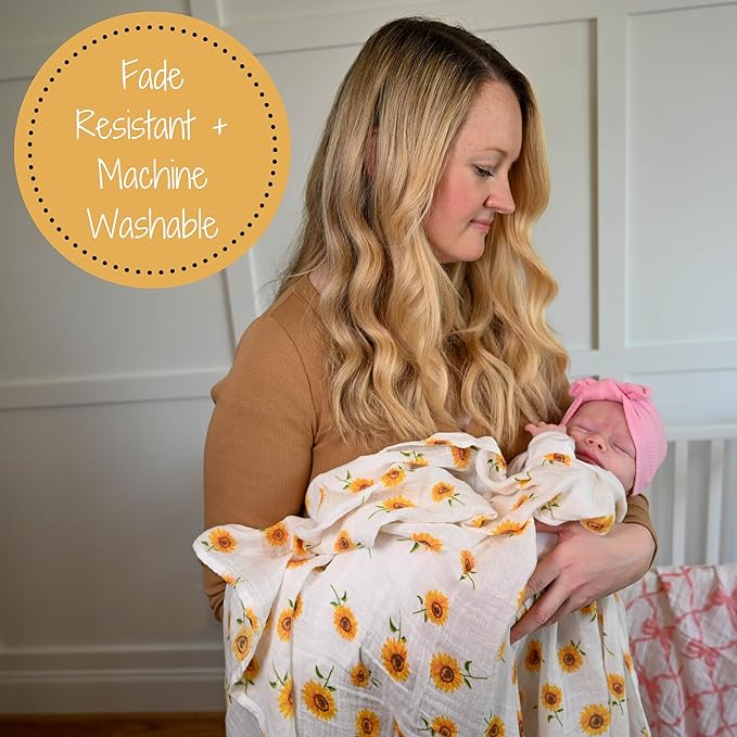 LollyBanks Baby Blanket, 100% Cotton Muslin Swaddle Blankets for Girls, Large 47 x 47 Inches Newborn Blanket, Soft and Breathable Receiving Blankets, Baby Essentials, Registry (Sunflower Print)