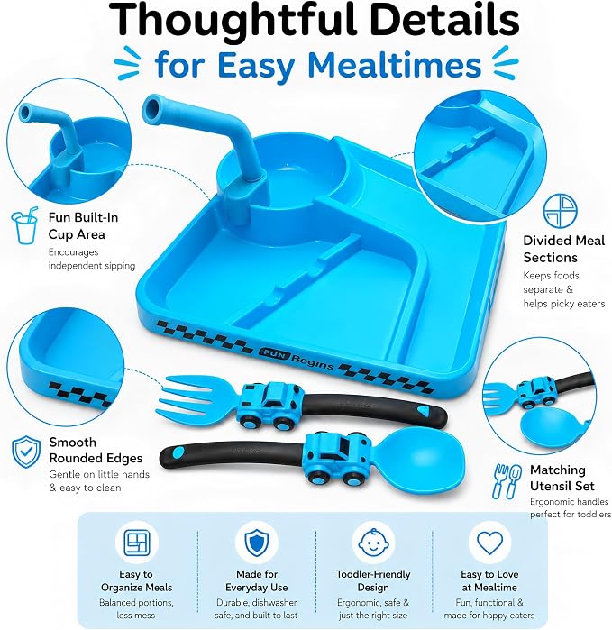 Deinyi Fun Construction Toddler Plates & Utensils - Divided Non-Tip Plate for Ages 1 2 3 4 5 6 7 - Perfect Birthday Party Gift for Boys & Girls - Blue