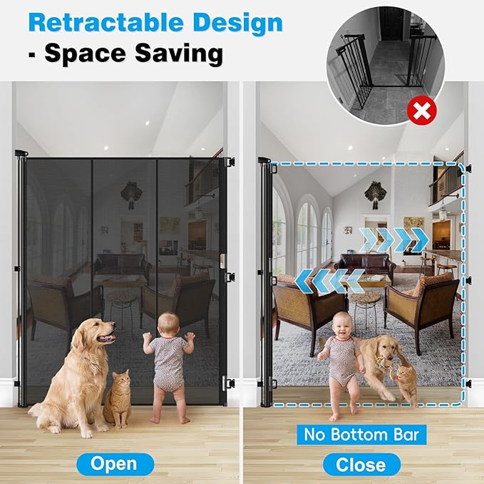 Reinforced 72" Extra Tall Cat Gate for Doorway, Jump-Resistant & Prevent Crawling Underneath Safety Retractable Baby Gates, Fits 0-55" Width Indoor Retractable Dog Gate, Barrier, Screen & Fence