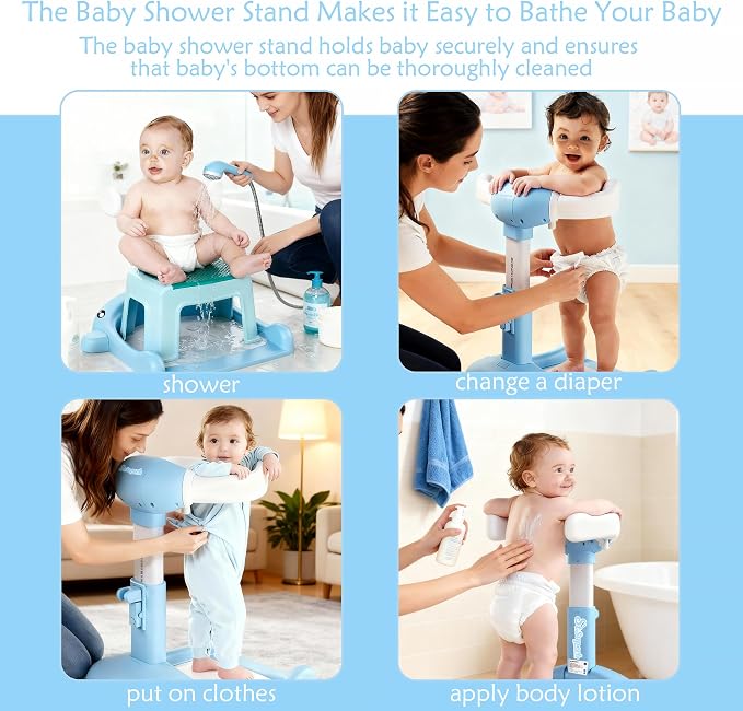 Foldable Baby Shower Stand, Toddler Shower Stand with Anti-Slip Base & Anti-Pinch Silicone, Baby Shower Standing Support 6-36 Months,Baby Stand Up Shower |Soporte para Bañera de Bebé (Blue Whale)