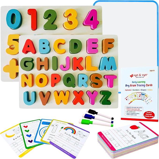 5-in-1 Wooden Puzzles for Toddlers 3-5 | Montessori Alphabet Number Shape Learning Toys | Magnetic Whiteboard, Flashcards & Markers | Preschool Educational Activity Kit | VYN & VYN (Multicolor)