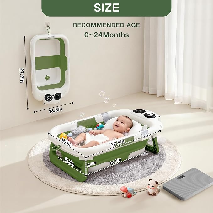 Foldable Baby Bathtub for Newborn to Toddler (0-24 Months), Portable Baby Bath Tub for Travel, Collapsible Baby Tub with Soft and Supportive Cushion (Panda-Green)