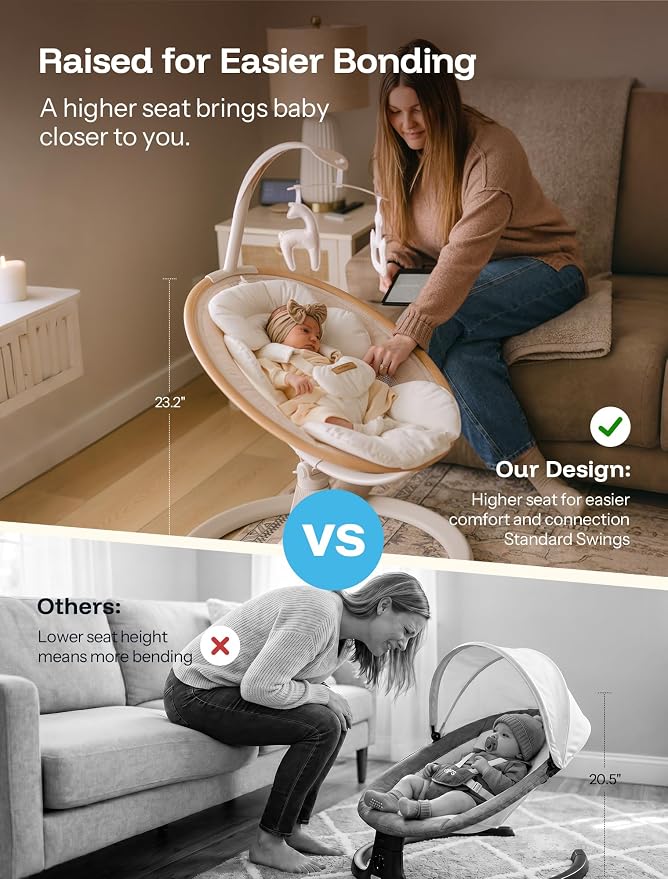 HARPPA Weddell Signature Baby Electric Swing for Newborns and Infants, Elevated Eye-Level Seat, 180° Rotation with Dual Motion, 5-Point Harness, 5 Speeds & Remote Control, Beige