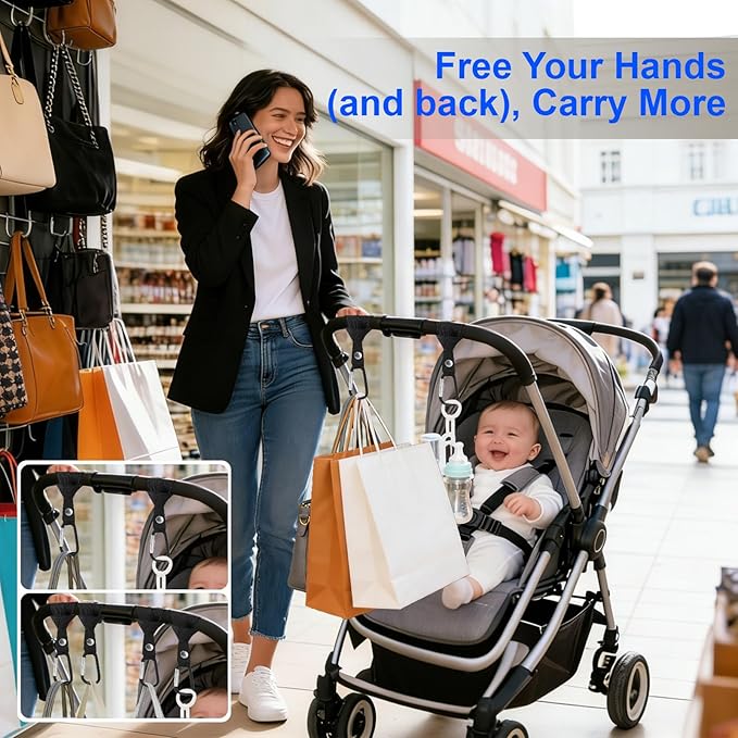 2-Pack Baby Stroller Hooks for Bags - Heavy Duty 2.48" Universal Stroller Clips with Reinforced Rope, Multi-Scene Use for Bikes, Backpacks & Camping Gear