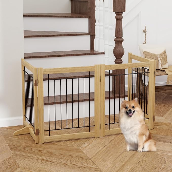 Acovy Wire Dog Gate Solid Wood Frame, Anti-Chewing, 4-Panel, 24" Height, 80" Width, Indoor Freestanding Pet Gate Foldable Wooden Dog Fences for Stairs, House, Doorway, Oak Color