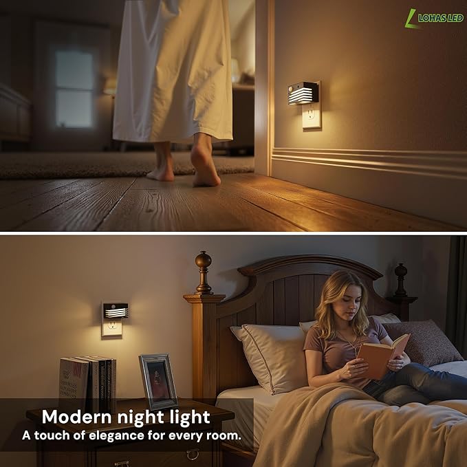 L LOHAS LED Plug in Motion Sensor Night Lights, Dusk to Dawn Sensor, [2 Pack] Dimmable Night Light Plug into Wall, Adjustable Brightness, 3000K Soft White for Bedroom Bathroom Hallway (Black)
