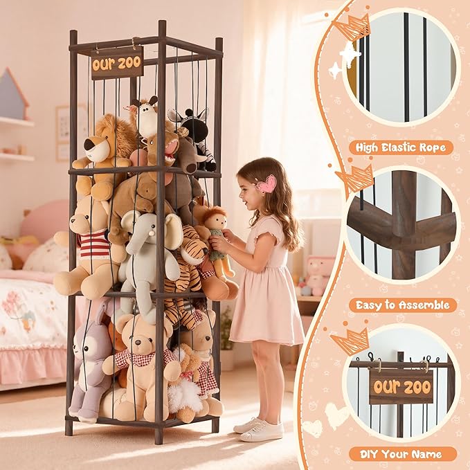 LAMU Stuffed Animal Storage, Wooden Zoo Stuffed Animal Holder with Elastic Cords, Space Save Toy Organizer, Extra Large Capacit Stuffed Animal Organizer for Playroom, Bedroom, Nursery,Brown