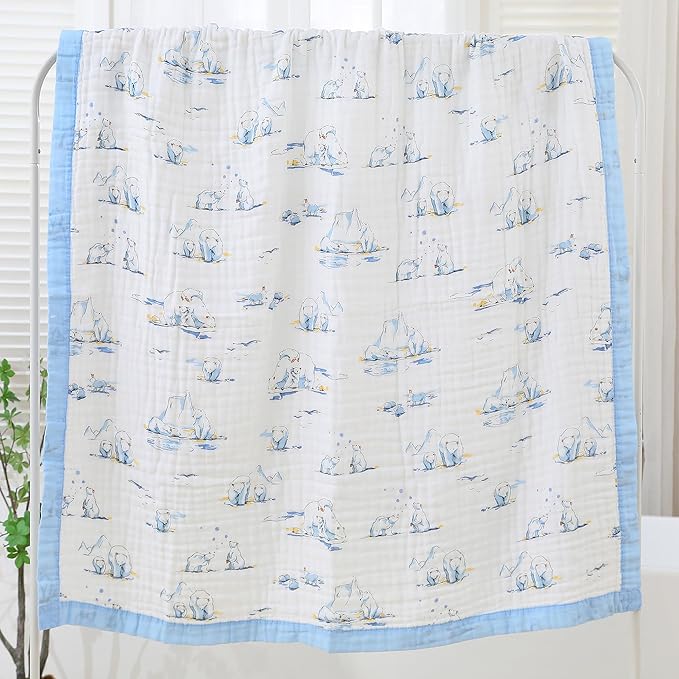 Jay & Ava Baby Muslin Blankets 42' x 42', Soft Cotton Blanket for Toddler Boy, 4 Layers Bed Muslin Throw for Crib, Large Receiving Blanket - Blue Polar Bear
