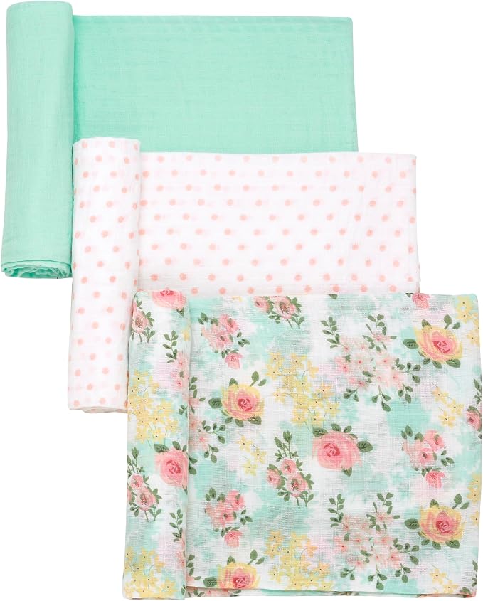 3 Pack Cotton Muslin Swaddle Blankets for Baby, 40" x 36", Lightweight, Breathable, Mint (Little Me Floral)