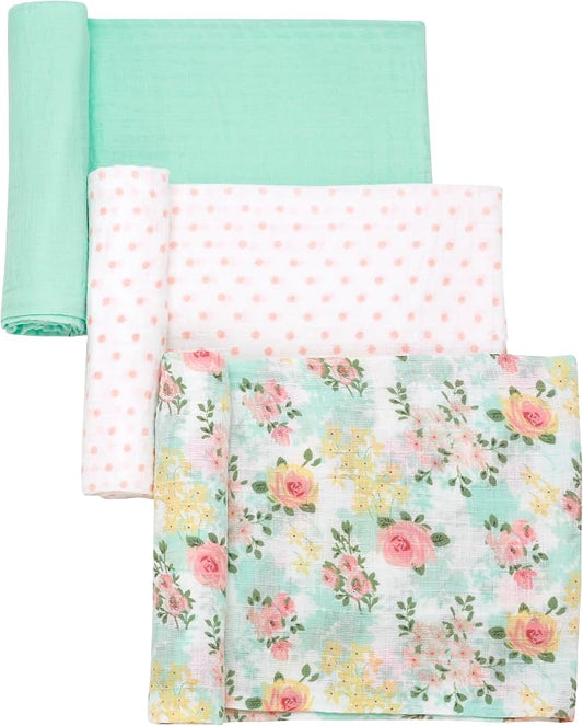 3 Pack Cotton Muslin Swaddle Blankets for Baby, 40" x 36", Lightweight, Breathable, Mint (Little Me Floral)